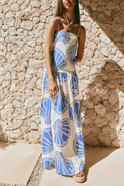 Linen Blend Shell Print Loose Strappy Resort Style Maxi Dress