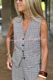 Office Chic Plaid Button Up Vest and Elastic Waist Pocketed Wide Leg Pants Set