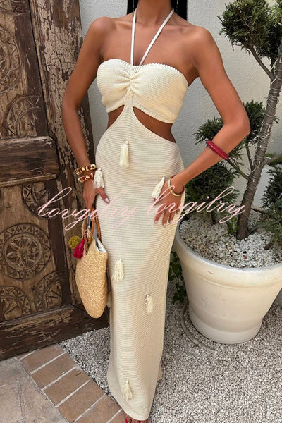 Fashion Halterneck Waist-baring Tassel-embellished Knitted Maxi Dress