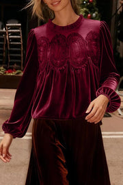 Fashionable Velvet and Lace Patchwork Loose Long-sleeved Top