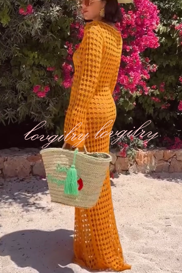 Sunny Beachside Crochet Knit Hollow Out Long Sleeve Cover-up Maxi Dress