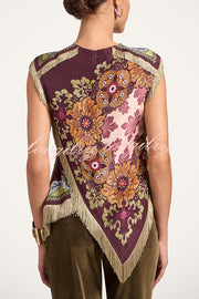 Stunning Floral Print Asymmetric Tassel Trim Scarf Top