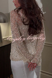 Fashion Sequined Hollow Long Sleeve Loose Knit Top
