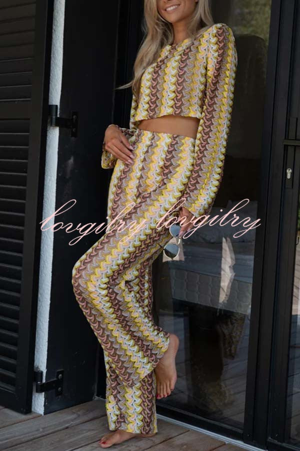 Tamia Knit Colorful Wave Unique Print Crop Top and Stretch Wide Leg Pants Set