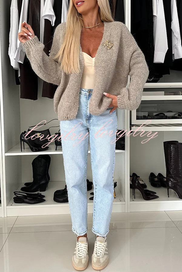 Explore Autumn Knit Open Front Long Balloon Sleeve Loose Cardigan