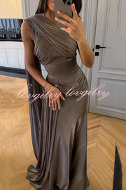 Solid Color Satin Sleeveless Waist Elegant Pleated Ribbon Maxi Dress