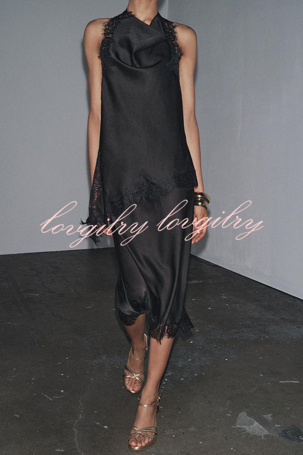 Dolly Satin Lace Trim Mid Rise Slit Drape Midi Skirt