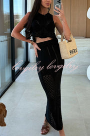 Solid Color Sleeveless Hollow Knit Crop Top and Elastic Slit Slim Midi Skirt Set