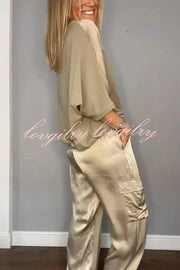 Calissa Smooth Satin Half-sleeved Top and Elastic Waist Pocket Pants Set