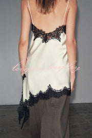 Satin Lace Trim V-neck Asymmetrical Hem Slip Mini Dress