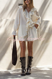 Solid Ruffled Lace-up Casual Top and Elastic Waisted Loose Pocket Shorts Set