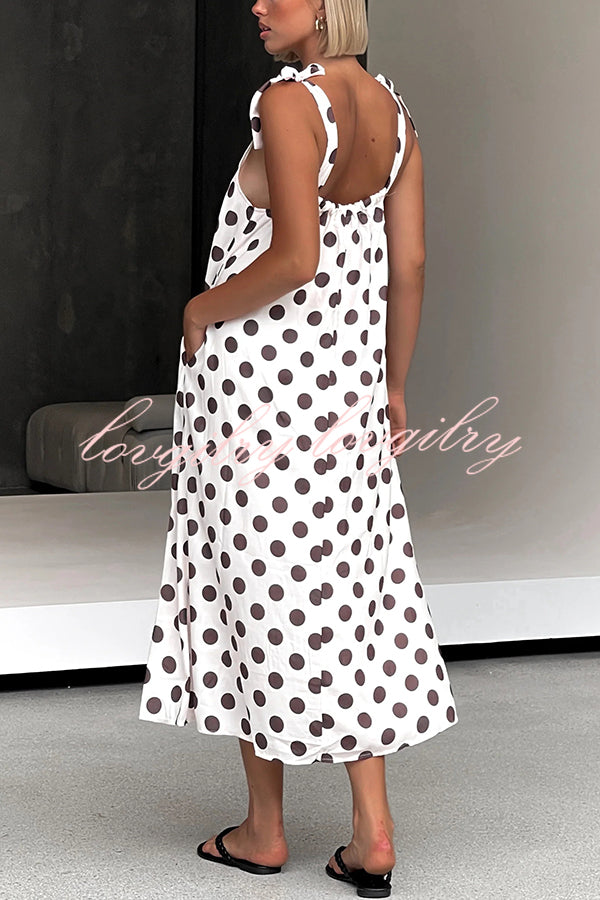 Polka Dot Print Suspenders Strappy Backless Loose Pocket Midi Dress