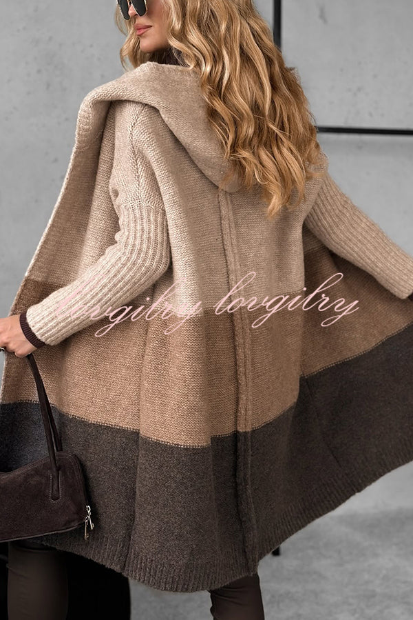 Fashionable Knit Patchwork Color Long-sleeved Hooded Loose Mid-length Cardigan