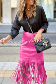 Haow Solid Color Fringed Paneled Leather Skirt