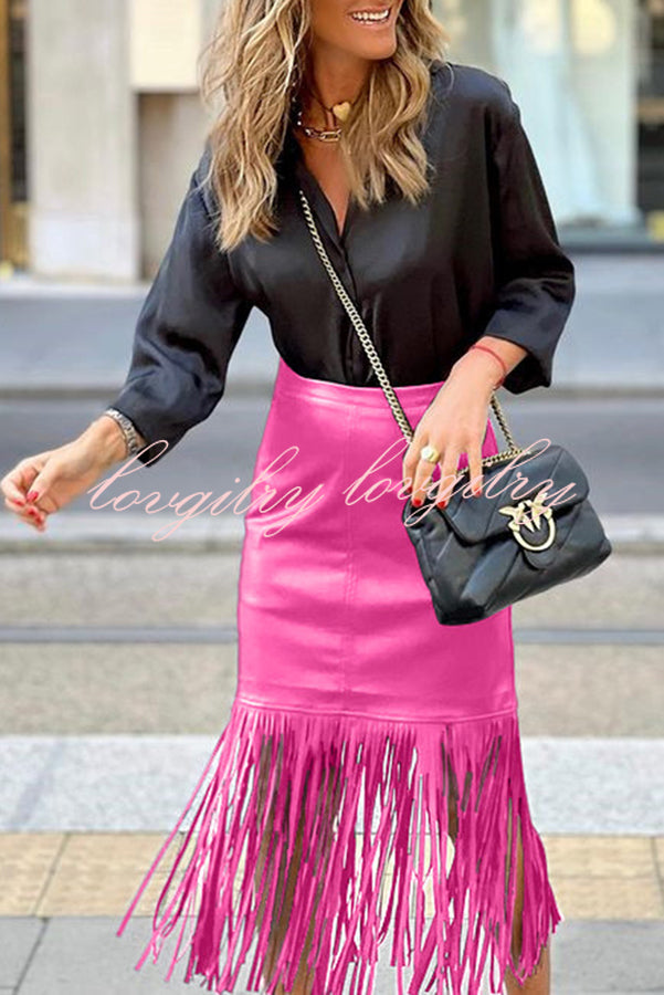 Haow Solid Color Fringed Paneled Leather Skirt