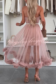 Fairytale Charm Tulle Off Shoulder Ruffles Trim A-line Midi Dress