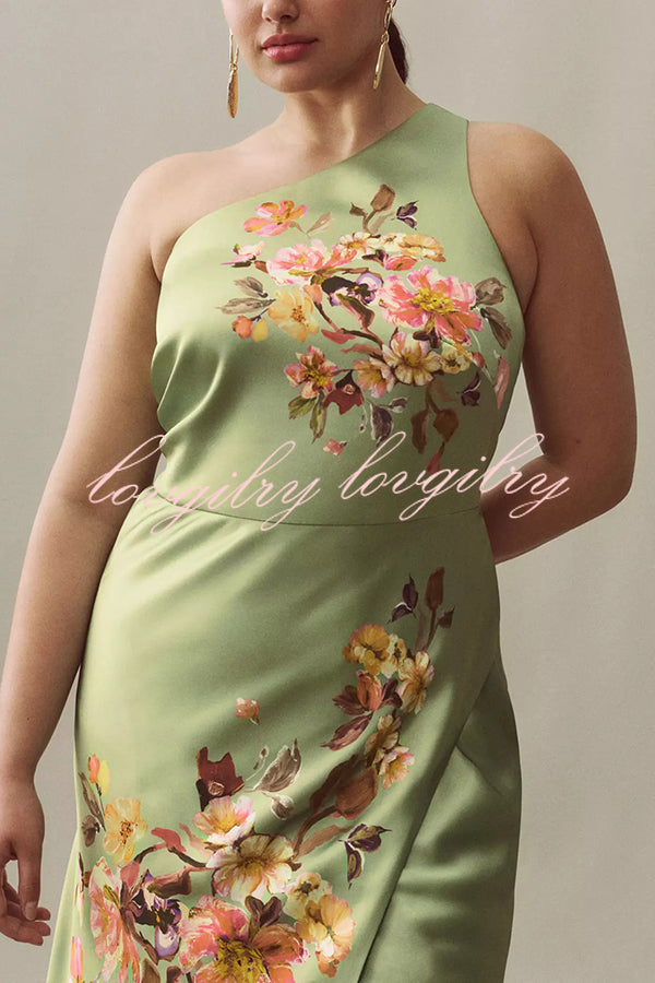 Wedding  Guest Satin Floral Print One Shoulder Side Slit Maxi Dress