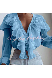 Spliced ruffled V Neck Pleated Long Sleeved Top