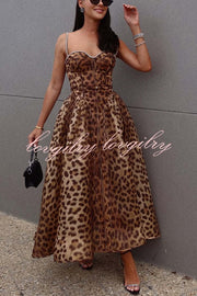 Unleash Your Wild Leopard Rhinestone Trim Back Smocked Midi Dress