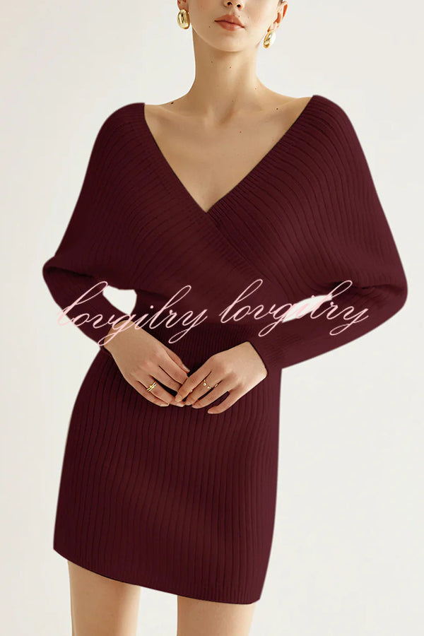 Solid Color Crossover V-neck Long-sleeved Fitted Waist Knit Mini Dress