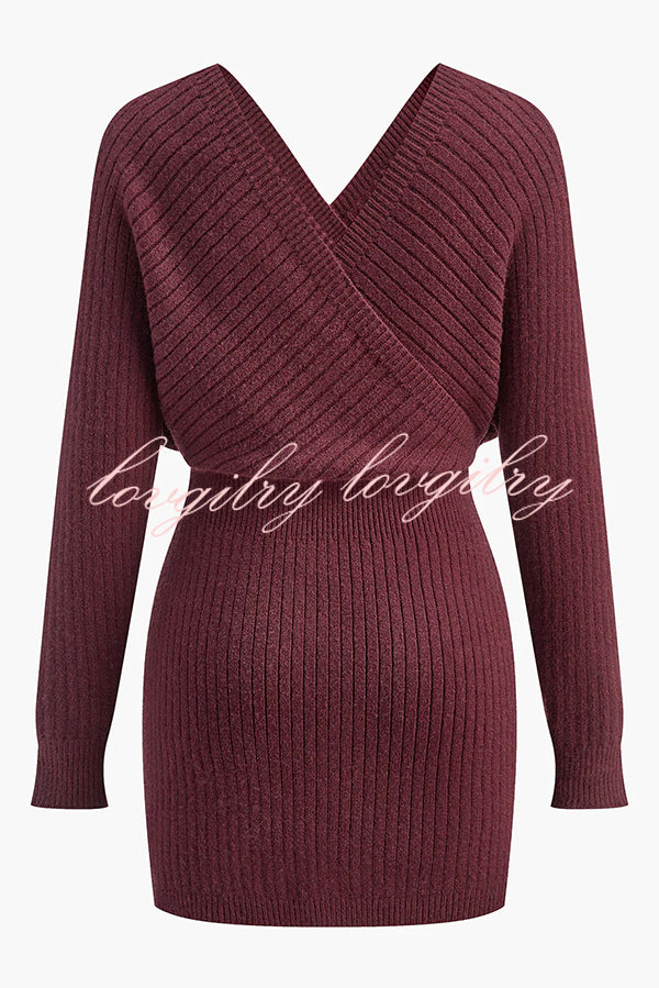 Solid Color Crossover V-neck Long-sleeved Fitted Waist Knit Mini Dress