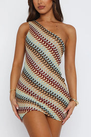 Playful Colorful Knitted Slim-fitting Offset Neck Stretch Mini Dress