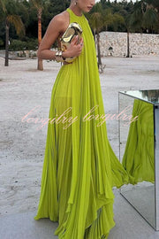 Sexy Backless Tie and Elastic Waist High Slit Pleated Maxi Skirt Set