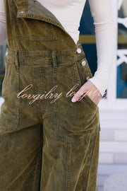 Falling Leaves Corduroy Metal Buckle Pocket Wide Leg Jumpsuit Overalls