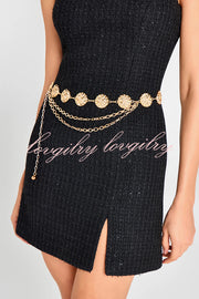 Timeless Exquisite Tweed Fabric Metal Coin Chain Detail Slip Mini Dress