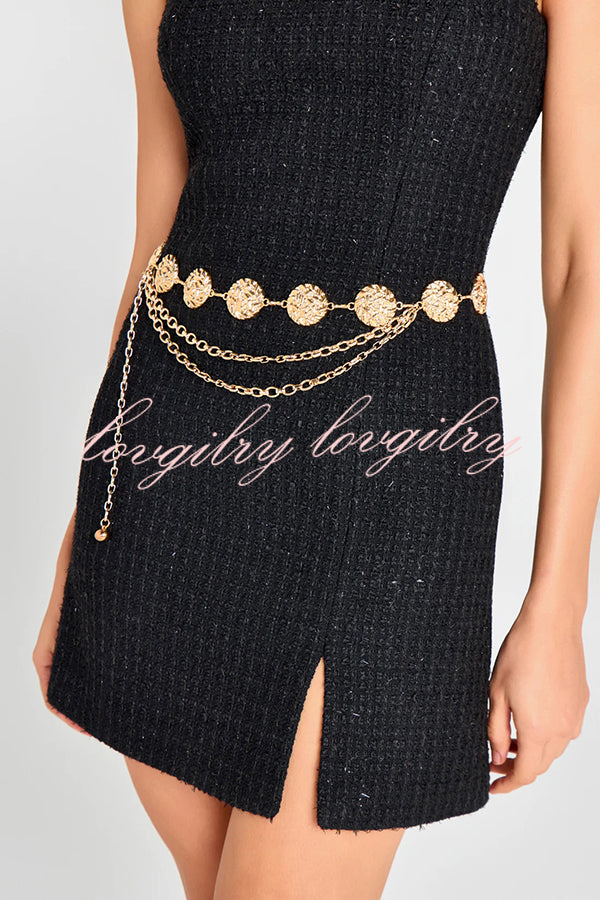 Timeless Exquisite Tweed Fabric Metal Coin Chain Detail Slip Mini Dress