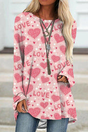 Round Neck Valentine's Day Printed Long Sleeved T Shirt