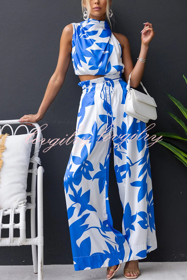 Girls Night Satin Printed High Neck Top and Elastic Tie-up Waist Pocket Wide Leg Pants Set