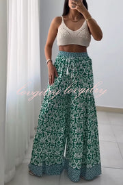 Unique Print Elastic High Waist Tie Pocket Wide Leg Pants