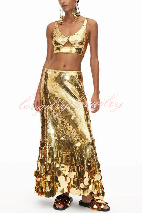 Party Sequin Button Crop Tank and Irregular Round Sequin Tassels Hem Maxi Skirt Set