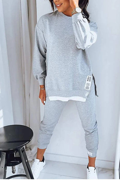 Solid Color Round Neck Long-sleeved Sweatshirt and Elastic Waist Pants Set