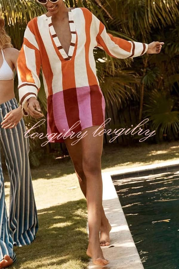 Talah Linen Blend Color Block Print V-neck Long Bell Sleeve Loose Mini Dress