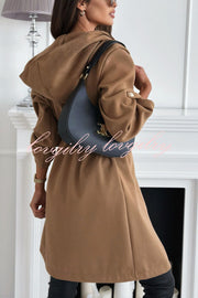 Effortless and Warm Textured Fabric Drawstring Waist Pocket Hooded Midi Coat