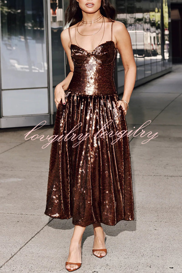Enchanted Night Sequin Low-cut Corset Balloon Hem Slip Midi Dress