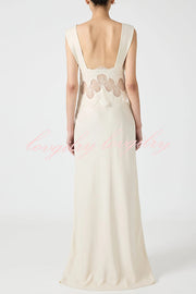 Wonderful Fusion Satin Lace Trim See-through Waist V-neck Drape Maxi Dress
