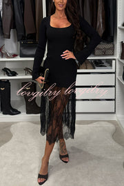 Ellie Ribbed Knit Square Neck Long Sleeve Lace Patchwork Hem Midi Dress
