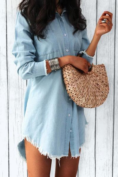 Frayed Denim Buttons Shirt Dress