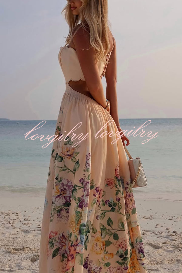 Cabo Sunsets Floral Print Petal Trim Back Lace-up Midi Dress