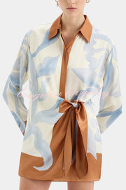 Lake Days Satin Colorblock Unique Print Tie-up Shirt Mini Dress