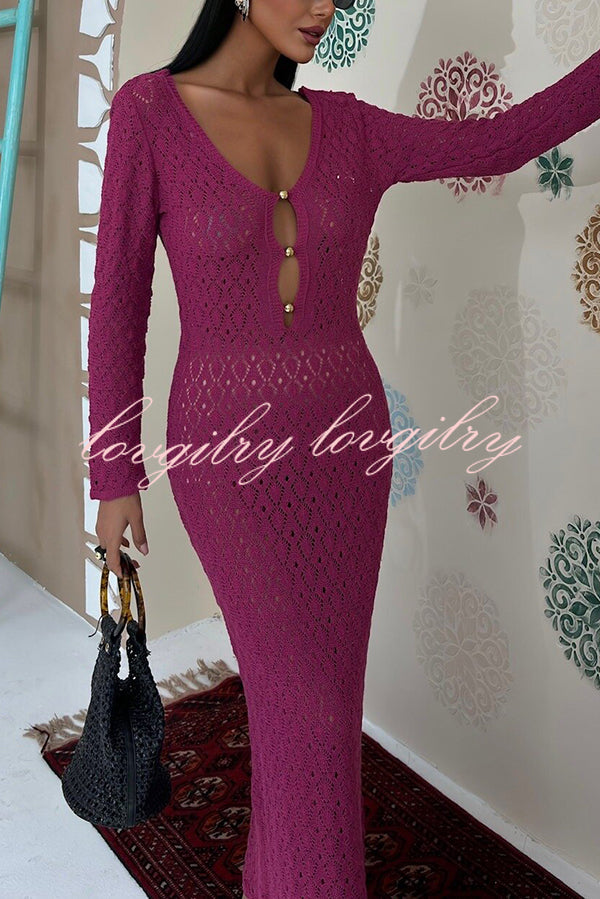 Fashion V-neck Long-sleeved Hollow Slim Maxi Dress