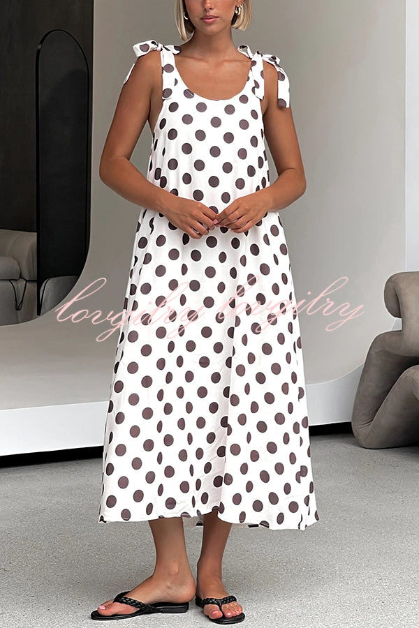 Polka Dot Print Suspenders Strappy Backless Loose Pocket Midi Dress