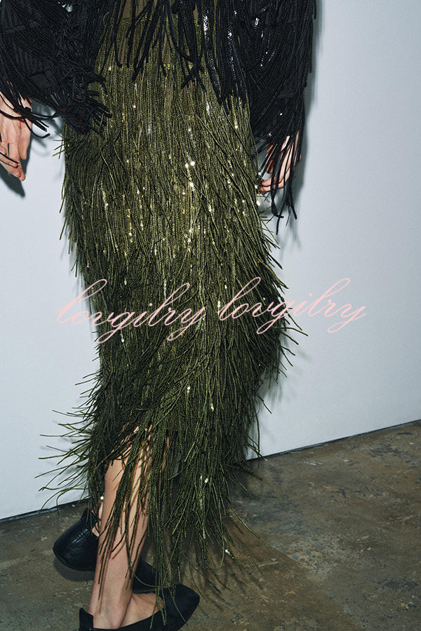 Party Crasher Layered Sequined Tassels High Rise Back Zipper Midi Skirt