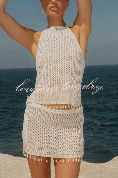 Fashion Knit Hollow Back Top and Embellished Fitted Stretch Beach Mini Skirt Set