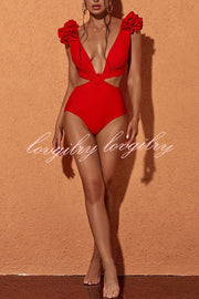 Ruffled V Neck Waist Cutout Solid Hoop Lace Up One Piece Swimsuit