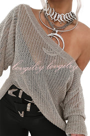 Solid Color Loose Long Sleeve Hollow Knit Cover-up Top