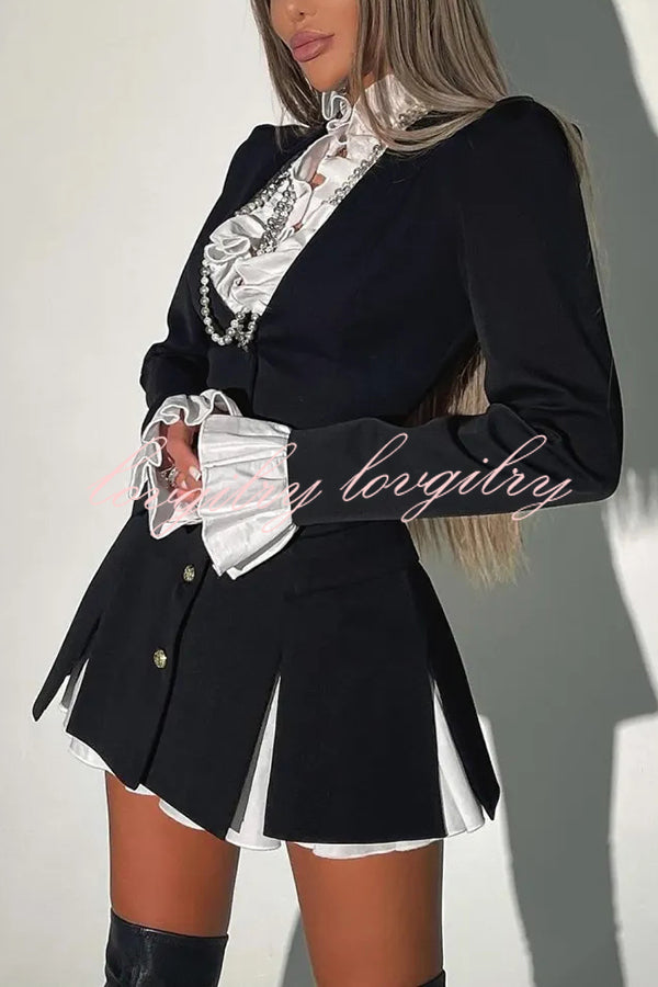 Altair Contrast Ruffled Shirt Patchwork Button Pleated Blazer Mini Dress